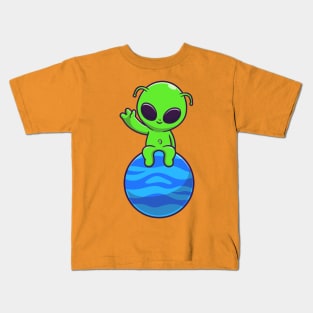 Cute Alien Sitting On Planet with Waving Hand Cartoon Kids T-Shirt